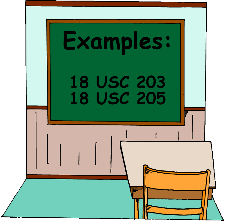 blackboard in classroom with text "Examples: 18 USC 203, 18 USC 205"