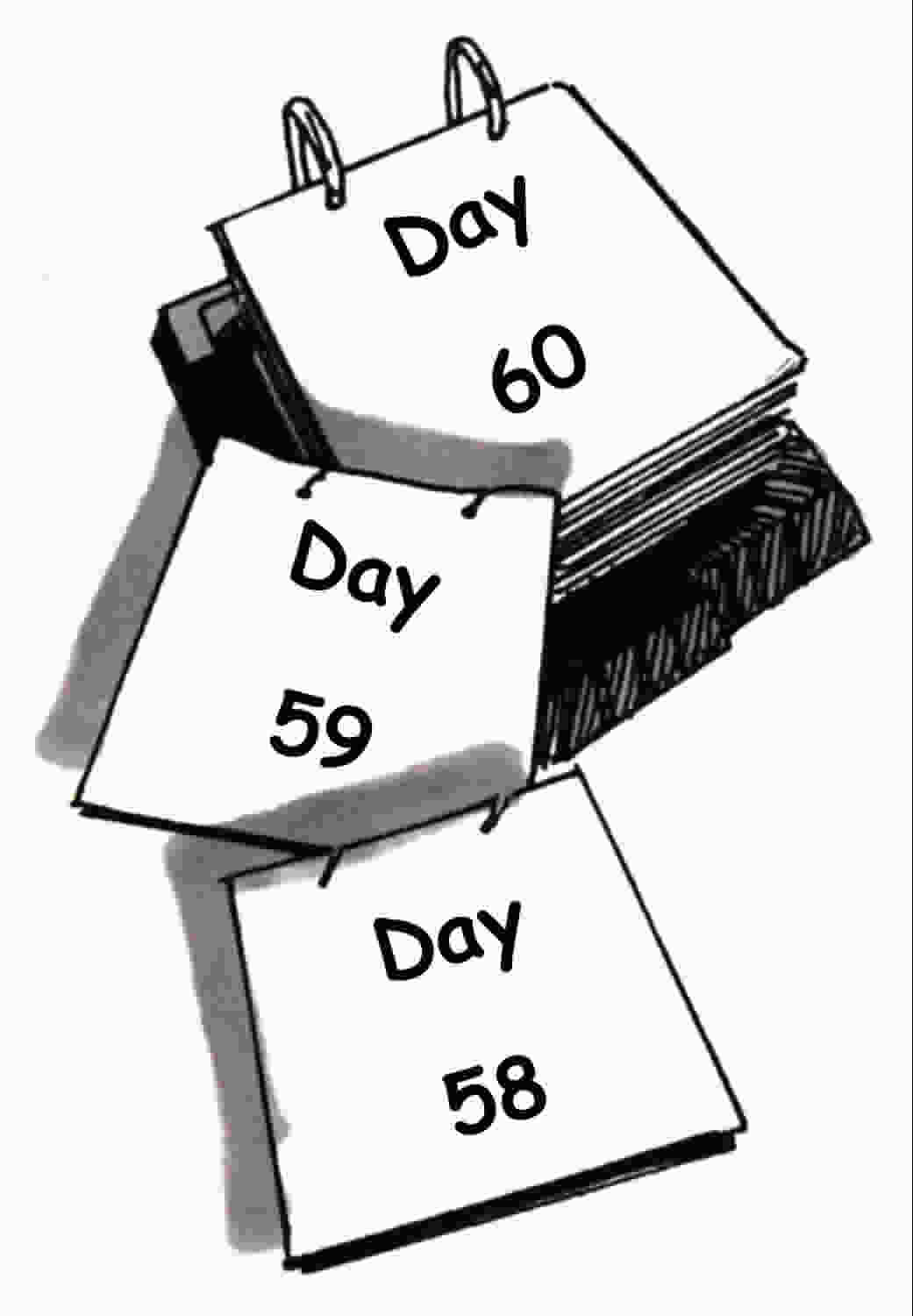 Calendar with falling pages with text "Day 58", "Day 59", and "Day 60"