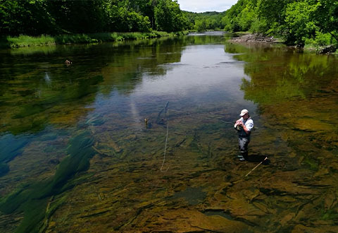 A person standing in a shallow river fly fishing 