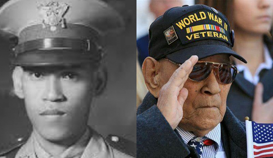 World War II Veteran Mr. Celestino G. Almeda in Uniform (left) and 104 saluting the flag (right)